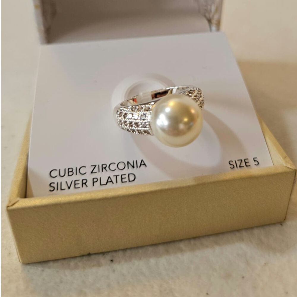 Silver plated cubic zirconia faux pearl ring size 5 New in the Box